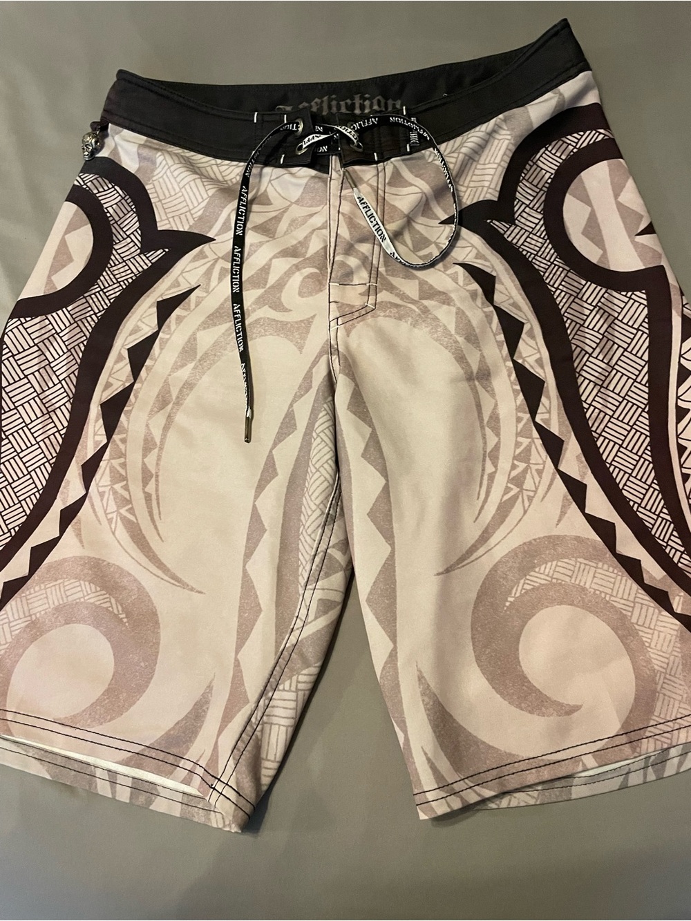 Affliction Beige and Black Tribal Board Shorts